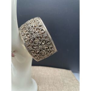 Vintage Silver Tone Wide Cuff Bangle Bracelet Scrolled Fancy Safety Chain